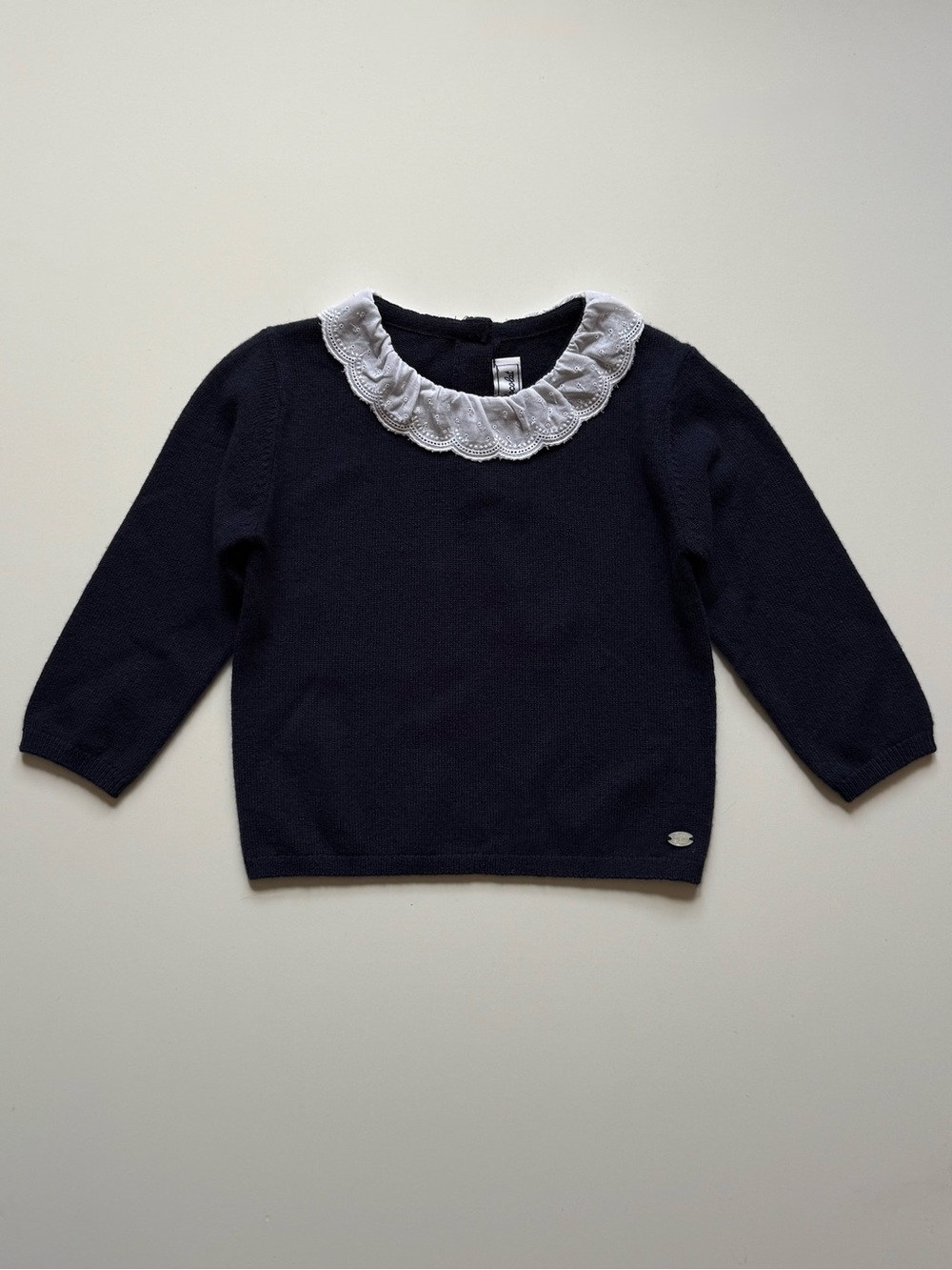 Tartine et Chocolat Girls Navy Wool Sweater with Lace Ruffle Collar - Size 18M